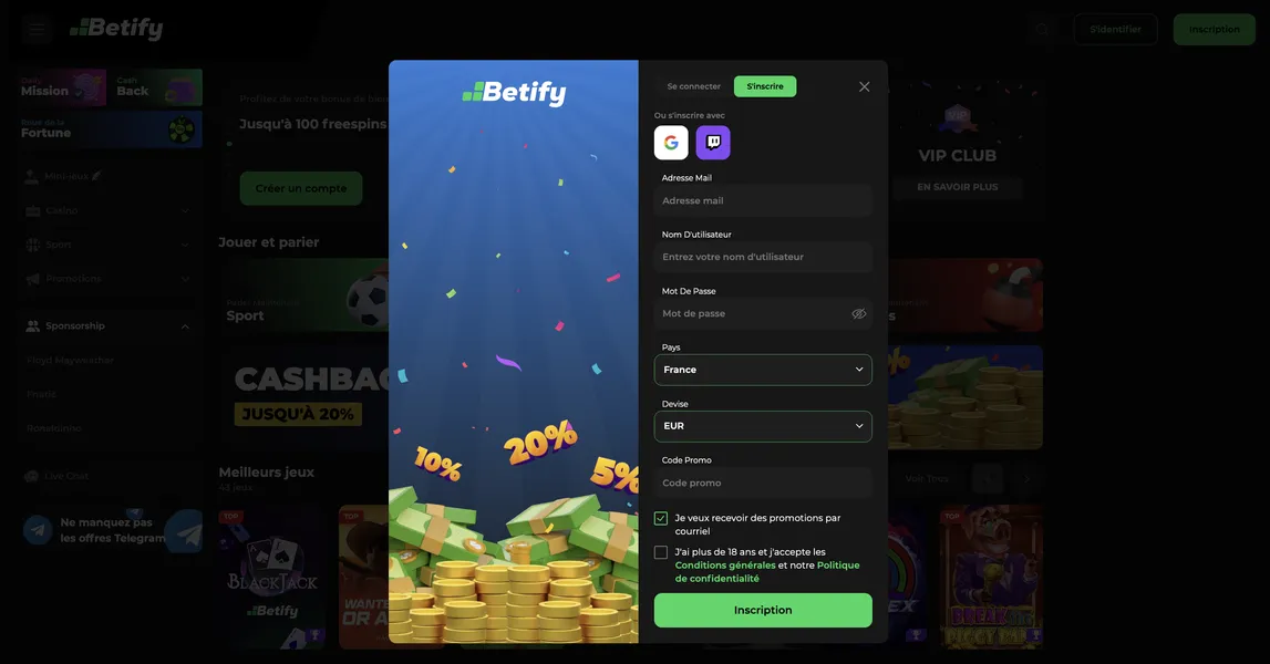 Inscription avec bonus pour la première Betify login